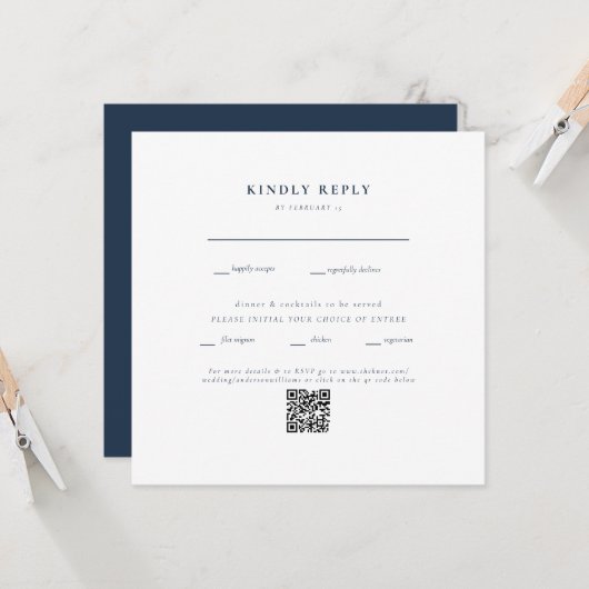 Carte de réponse QR Code II mariage Navy & Blanc (Devant/Arrière en situation)