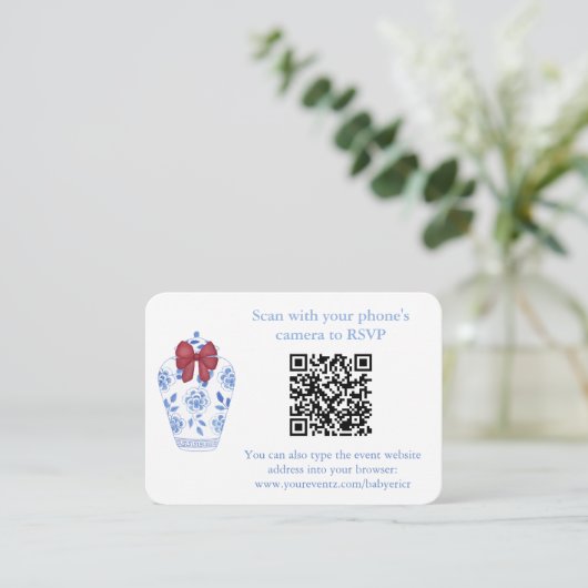 Carte de réponse QR Code Mariage Hiver Rouge Bleu  (Debout devant)