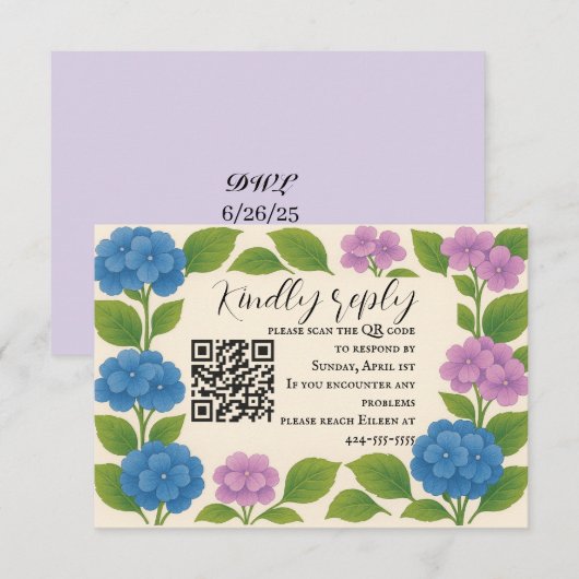 Carte de réponse QR Code pour Hydrangea Violette/B (Devant / Derrière)