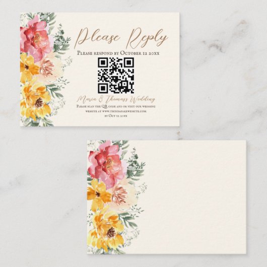 Carte de réponse QR code pour mariage floral d'aut (Devant / Derrière)