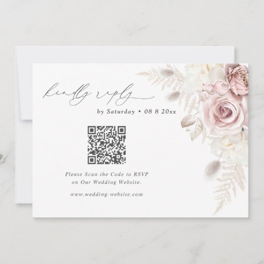 Carte de réponse QR Code pour mariage floral rose (Devant)
