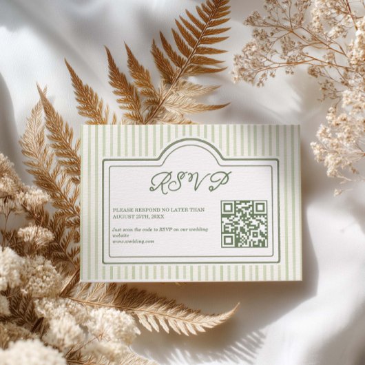 Carte de réponse QR code rayée pour mariage vert
