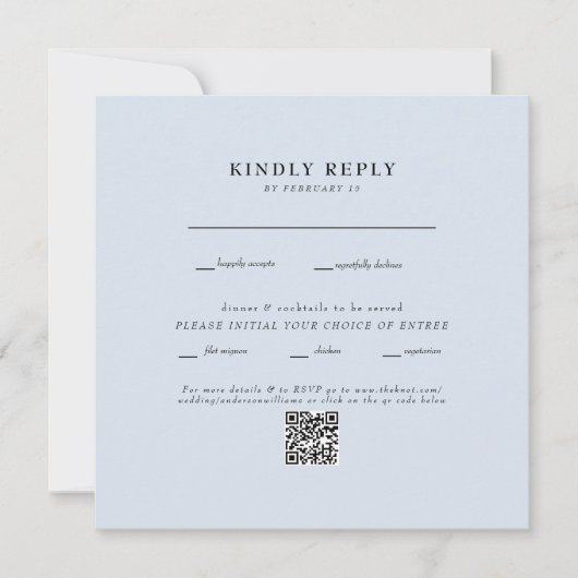 Carte de réponse QR Code RSVP mariage bleu poussié (Devant)