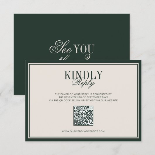 Carte de réponse QR Mariage Argent Classique Vert (Devant / Derrière)