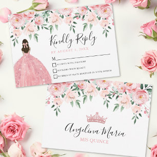 Carte de réponse Quinceanera rose floral pâle