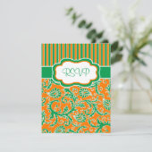 Carte de réponse rayée florale orange, verte et bl (Debout devant)