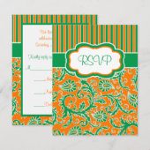 Carte de réponse rayée florale orange, verte et bl (Devant / Derrière)