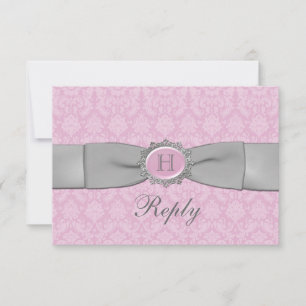 Carte- de réponse rose et grise vintage de damassé
