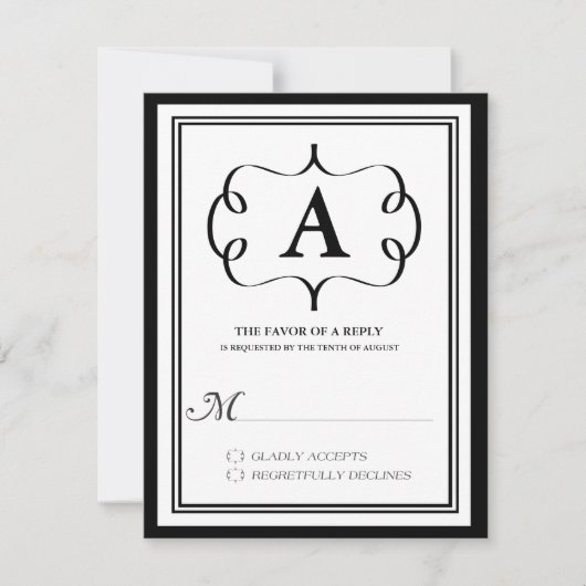Carte de réponse RSVP à monogramme formel en noir (Devant)