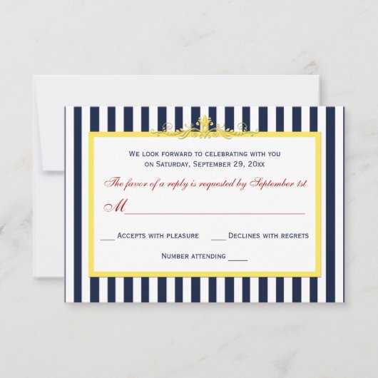 Carte de réponse RSVP à rayures Navy, Blanc, Jaune (Devant)