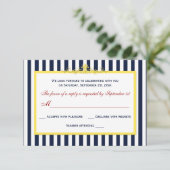 Carte de réponse RSVP à rayures Navy, Blanc, Jaune (Debout devant)