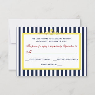 Carte de réponse RSVP à rayures Navy, Blanc, Jaune
