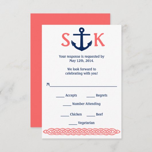 Carte de réponse RSVP Ancre Naútica Bleu marine et (Devant / Derrière)