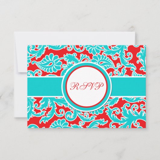 Carte de réponse RSVP Aqua Bleu, Rouge, Blanc Dama (Devant)