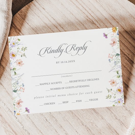 Carte de réponse RSVP au menu de fleurs sauvages d