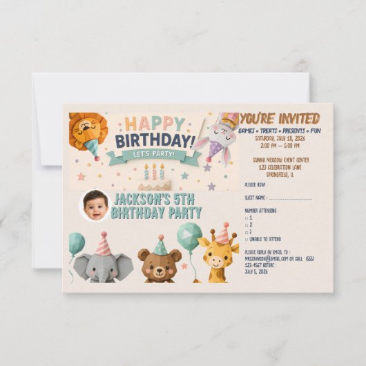 Carte de réponse RSVP avec détails de fête d'anima (Devant)
