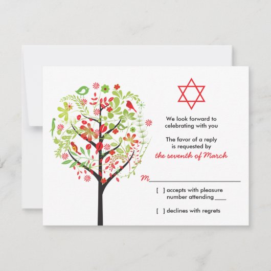 Carte de réponse RSVP Bat mitzvah rouge Arbre de v (Devant)