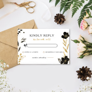 Carte de réponse RSVP Black Floral Elegant Wedding