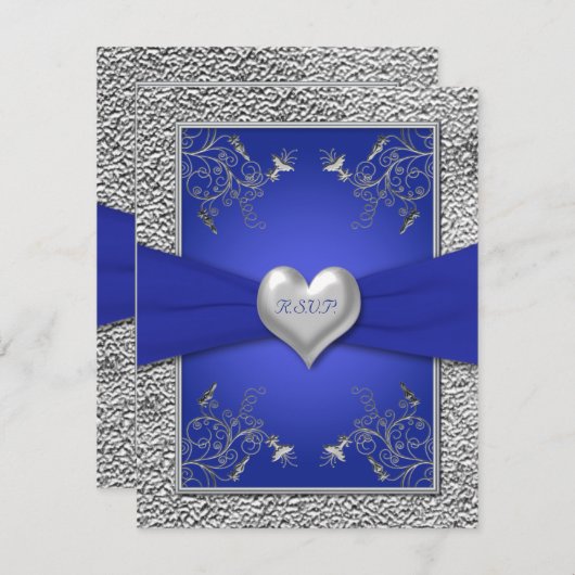Carte de réponse RSVP Bleu Cobalt et Cœur de Pewte (Devant / Derrière)
