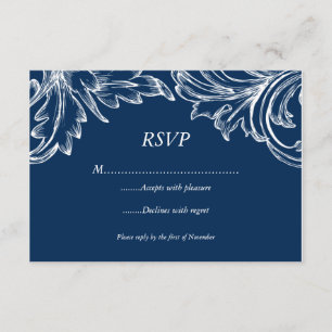 Carte de réponse RSVP Damask Vintage NAVY White