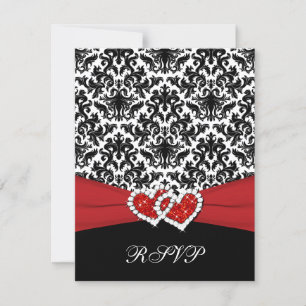 Carte de réponse RSVP Damassé Noir Blanc Rouge, Cœ