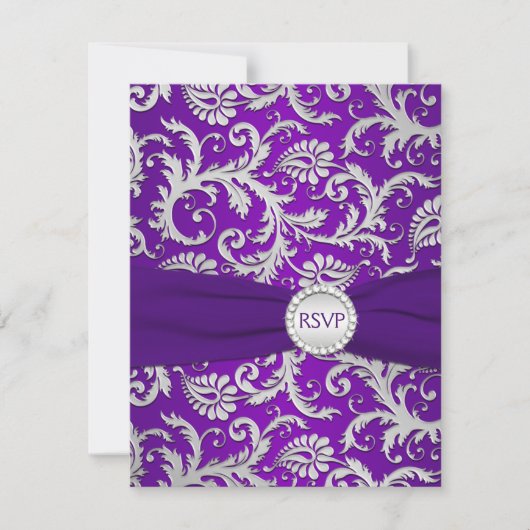 Carte de réponse RSVP damassée violet royal et arg (Devant)