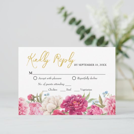 Carte de réponse RSVP de mariage à fleurs de paon (Debout devant)
