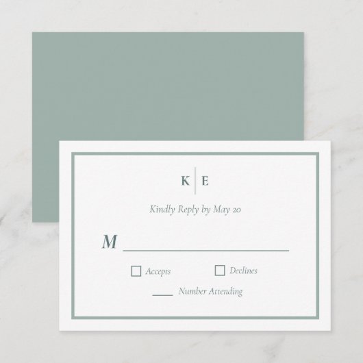Carte de réponse RSVP de mariage à monogramme vert (Devant / Derrière)