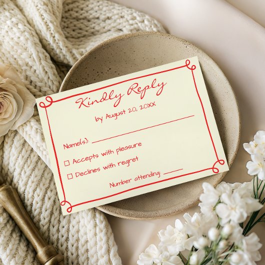 Carte de réponse RSVP de mariage au script rouge m