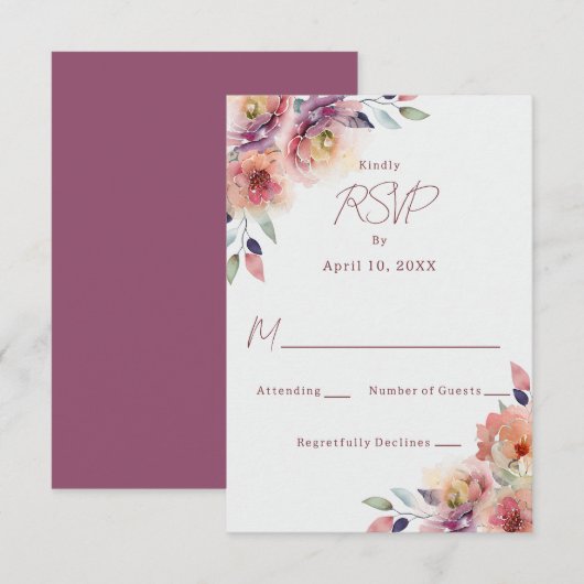 Carte de réponse RSVP de mariage aux fleurs roses (Devant / Derrière)
