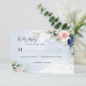 Carte de réponse RSVP de mariage bleu marine et ro (Debout devant)