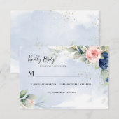 Carte de réponse RSVP de mariage bleu marine et ro (Devant / Derrière)