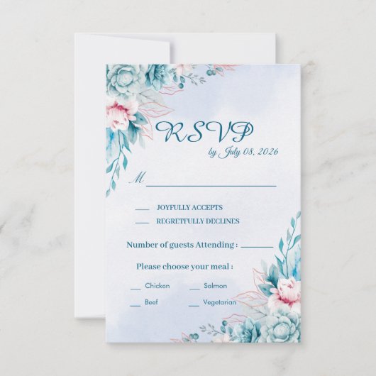 Carte de réponse RSVP de mariage floral sarcelle (Devant)
