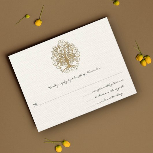 Carte de réponse RSVP de mariage Gold Swirl Tree