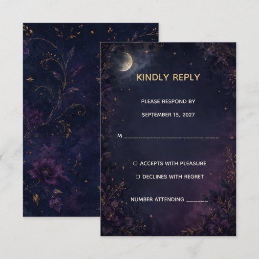 Carte de réponse RSVP de mariage gothique céleste (Devant / Derrière)