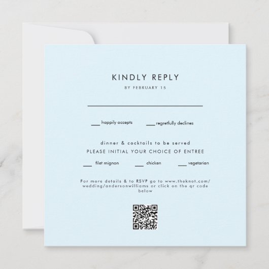 Carte de réponse RSVP de mariage moderne bleu glac (Devant)
