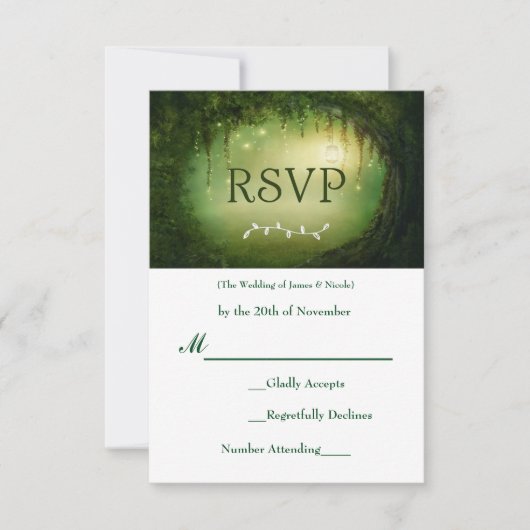 Carte de réponse RSVP de mariage vert forêt enchan (Devant)