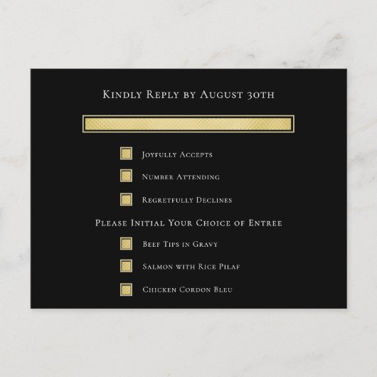 Carte de réponse RSVP de menu avec fond noir Blanc (Devant)