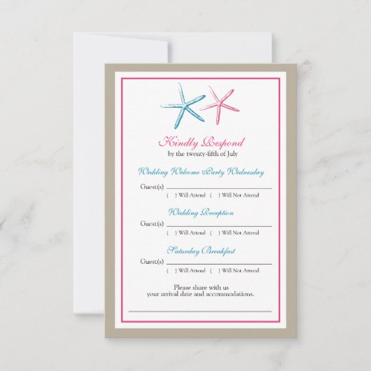 Carte de réponse RSVP Deux étoiles de mer Paon et  (Devant)