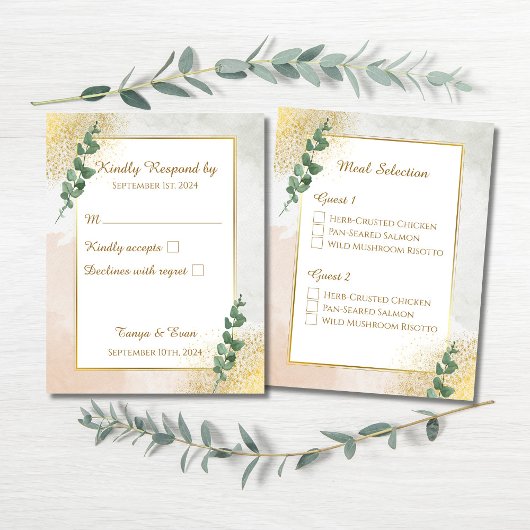 Carte de réponse RSVP Elegant Green & Gold Wedding