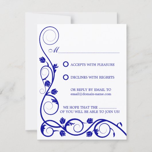 Carte de réponse / RSVP Élégante Bleu Royal et Bla (Dos)