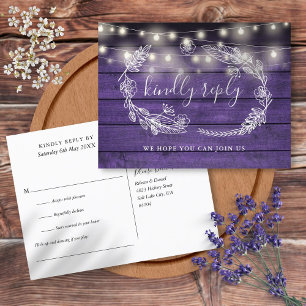 Carte de réponse RSVP en bois violet rustique avec