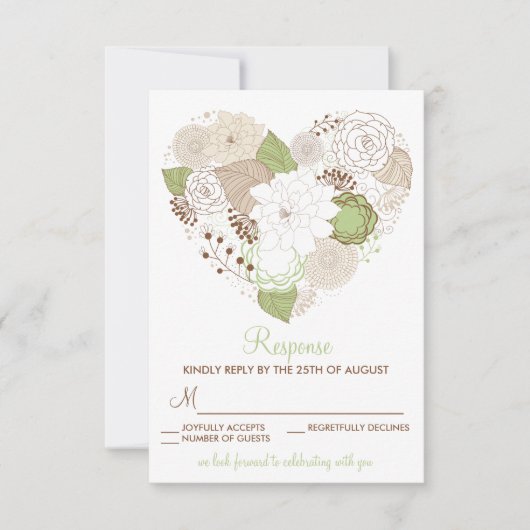 Carte de réponse RSVP Fleurs de cœur vert menthe d (Devant)