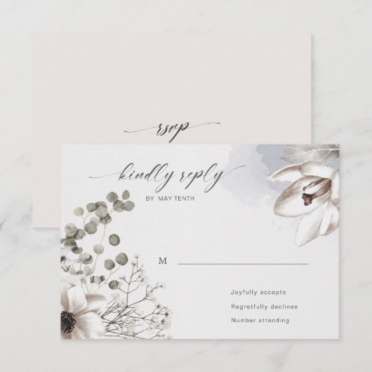 Carte de réponse RSVP florale élégante argent blus (Devant / Derrière)