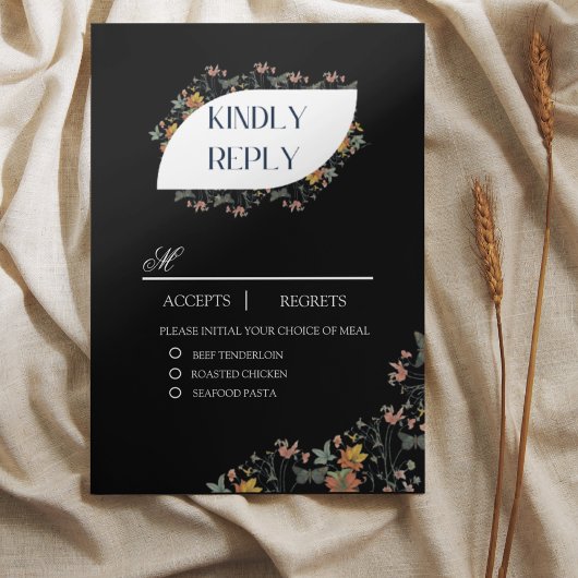 Carte de réponse RSVP florale noire Boho avec repa