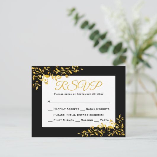 Carte de réponse RSVP Gold et Black Floral (Debout devant)