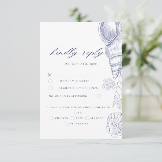 Carte de réponse RSVP mariage côtier coquilles ble (Debout devant)