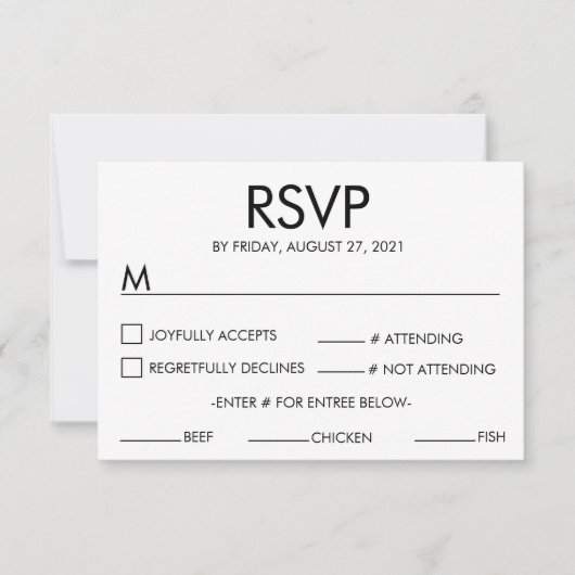 Carte de réponse RSVP mariage nom moderne blanche (Devant)