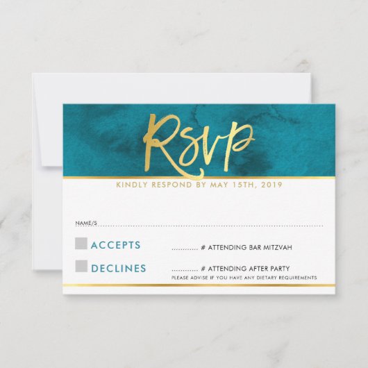 CARTE DE RÉPONSE RSVP moderne bleu sarcelle or scr (Devant)