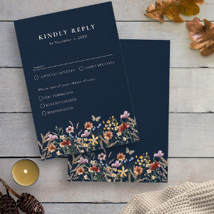 Carte de réponse RSVP Navy Boho Floral avec repas